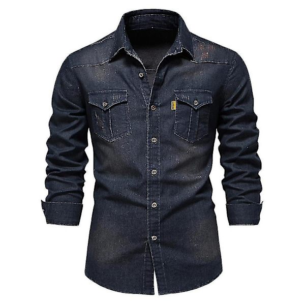 Essential Button Down långärmad tvättad jeansskjorta för män Dark blue 2XL