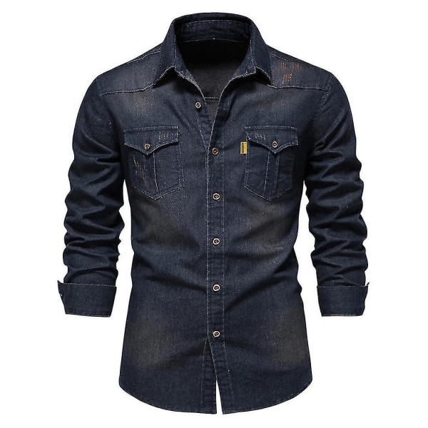 Essential Button Down långärmad tvättad jeansskjorta för män Dark blue L