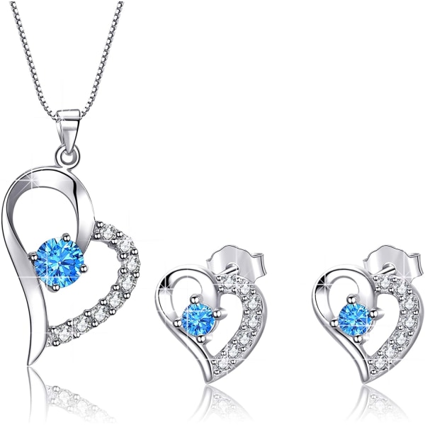 Kvinnor älskar hjärtat hänge halsband örhängen Set, Sterling Silver Blå kubisk zirkonia