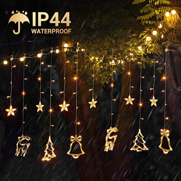 Jul LED Gardinljus, 138 LEDs Star Jingle Bell Älg Xmas Tree Elk Curtain Lights