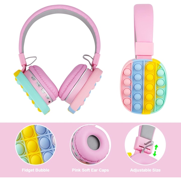 Bluetooth hörlurar Trådlösa för tjejer Kvinnor Män Fidget Bubbles Söt Rainbow Pink