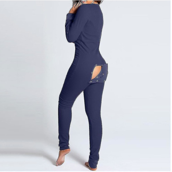 Långärmad Jumpsuit med Bakåtknappar för Kvinnor - Onesie Pyjamas B Xl