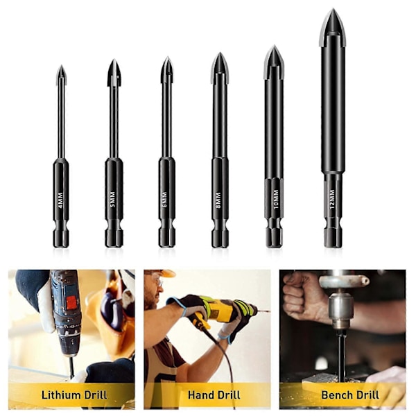 6 st Glasborr Set 4/5/6/8/Karbiddspets Kakel 10/12mm Borr Hex Skaft Spjut Huvud Borr