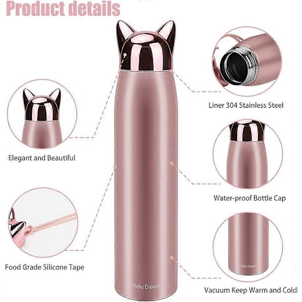 Söt Katt Vattenflaska, Rostfritt Stål Isolerade Vattenflaskor Termos Vakuum Rese Kaffemugg, 320 ml/10.8 oz (Rosa)