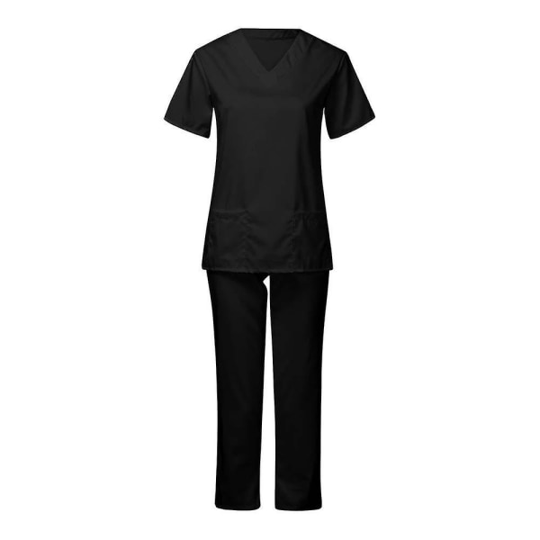 Unisex sjukhus Medical Scrub Top Byxor Uniform 2 st Set sjuksköterska Black L