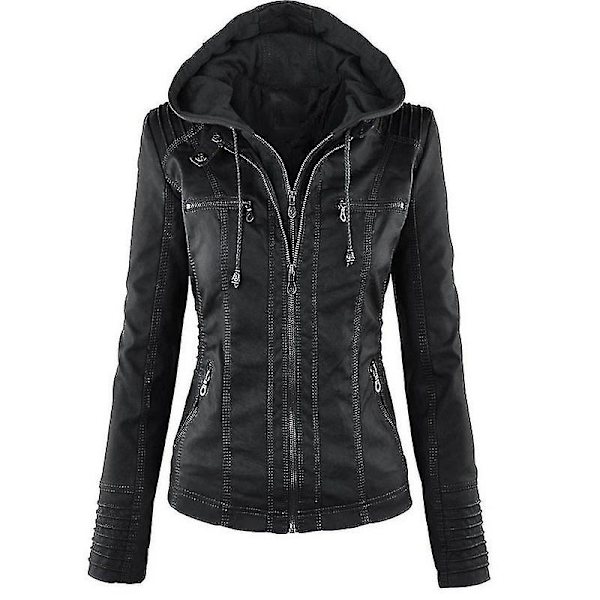 Kvinnors Långärmad Motorcykel Hoodie i PU-Läder Bikerjacka Svart M