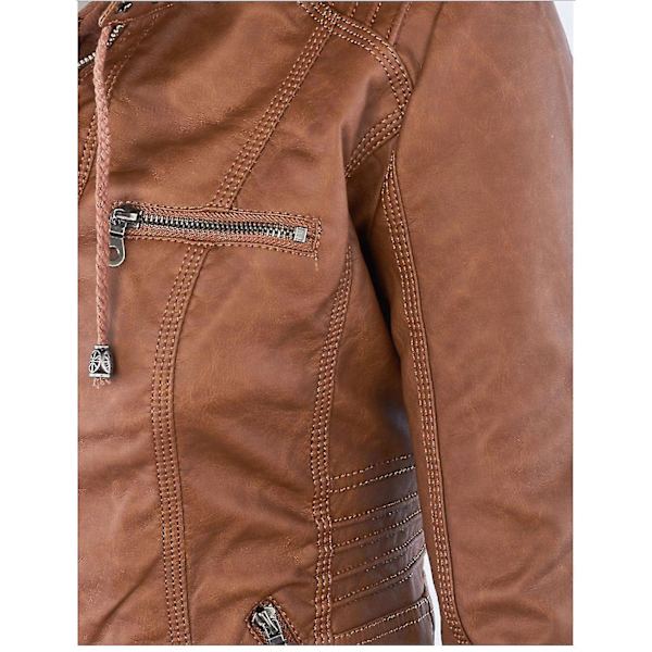 Kvinnors Långärmad Motorcykel Hoodie i PU-Läder Bikerjacka Brun L