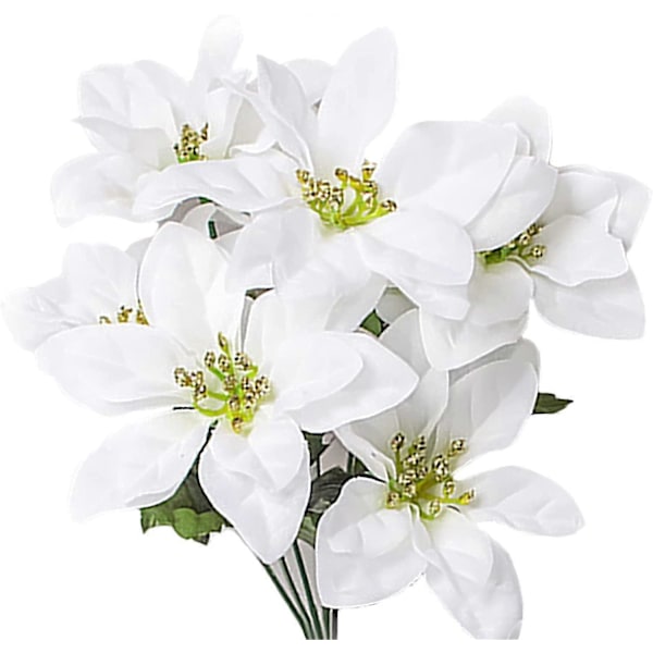 Set med 4 konstgjorda julstjärneblommor, 7 huvuden konstgjorda julstjärnebuskar siden jul vit julstjärnebukett julblommor bukett för jul