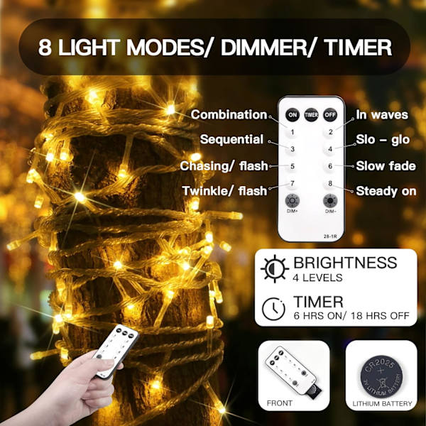 Julbelysning Utomhus, 20 meter 200 LED Varma Vita Stränglampor, Vit Warm White 300LED CONNECTABLE