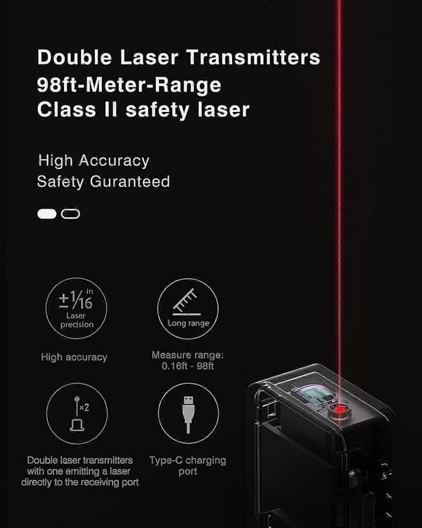 98ft Laseravståndsmätare, Mini Portabel Digital Laser, 2mm Noggrannhet, Bluetooth, OLED-Display