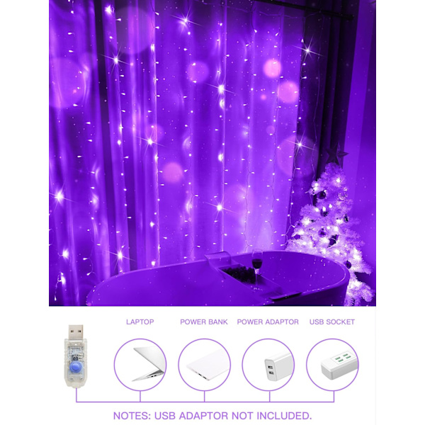 Gardinljus för sovrum, 200 led hängslinga utomhus vattentät Purple USB-200 LED