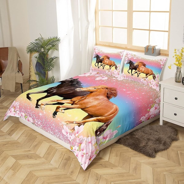 Flickor Häst Sängkläder Set Barn Hästar Rosa Blommig Cover Set För Ki 220x240cm