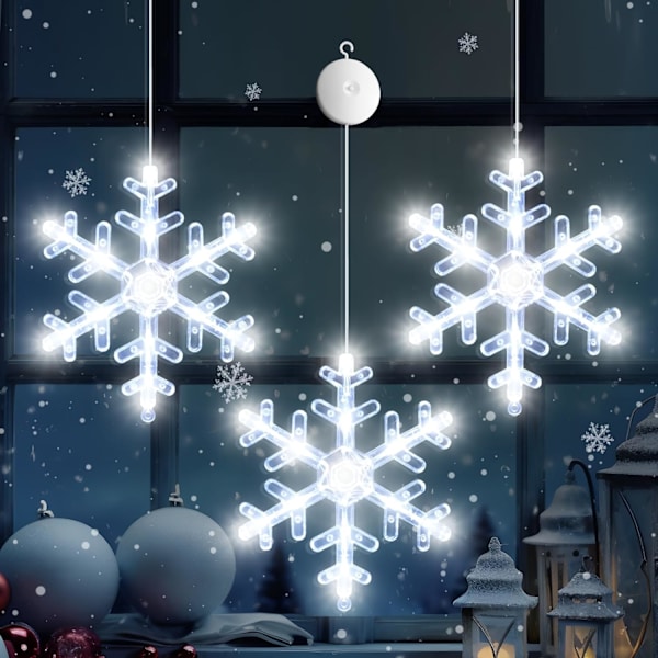 3st julfönsterbelysningsdekorationer, batteridriven jul Wi White Snowflake