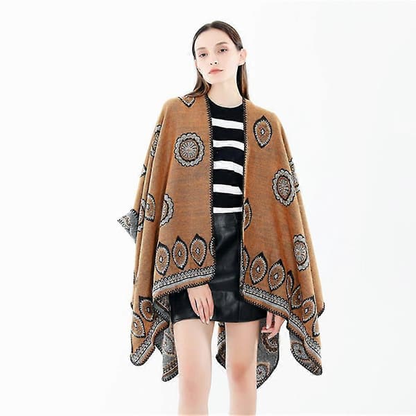 Dam Vinter Cape Sjal Vintage Stil Boho Tryck Frans Sjal Kofta 1st-khaki