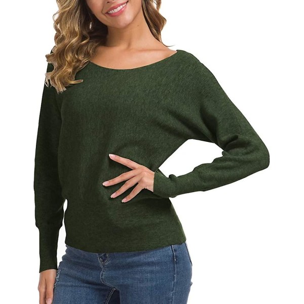 Feiersi Dam Off Shoulder Tröja Casual Långärmad Rundhalsad Topp 04 Army Green Small