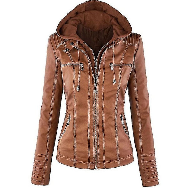 Kvinnors Långärmad Motorcykel Hoodie i PU-Läder Bikerjacka Brun L