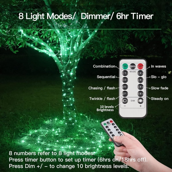 66 fot 200 LED Utomhus Ljuskedja, Varmvit Fairy Lights Batteridriven Green 100 LED