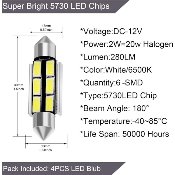 Autobulbs Festoon C5W LED-lampor 39mm 6000K Xenon Vitljus 6-S STYLE1
