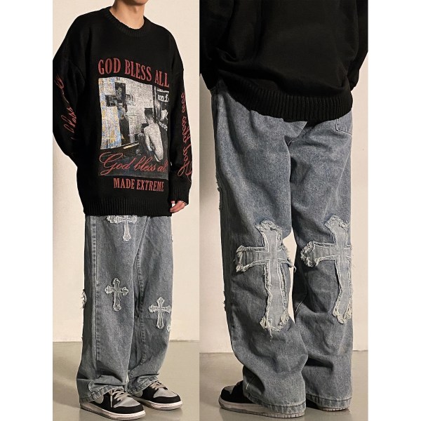 V-hanver Herr Streetwear Baggy Jeans Byxor Cross Hip Hop XXL