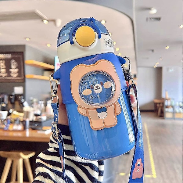 Kawaii Vattenflaska med Sugrör, Söta Vattenflaskor med 3D Kawaii Klistermärke, Rostfri Vattenflaska 600ml (Blå)
