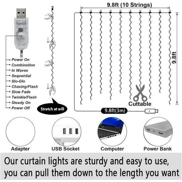 300 LED Gardinlampor, 3m x 3m Fejäljus med 8 lägen, Sträng 2 pack warm white