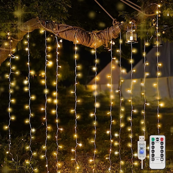 Gardinljus för sovrum, 200 led hängslinga utomhus vattentät Warm White USB-200 LED