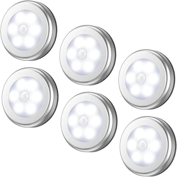 Rörelsesensorlampa, Trådlös LED (Silver, Vitt Ljus, 6-pack)