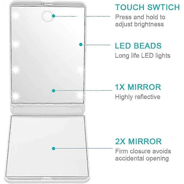Kompakt Spegel - 1X/2X Förstorande Naturligt Dagsljus LED, Dimbar 8 LED-lampor Belyst Bärbar Vikbar Resespegel För Ficka, Handväska, Gåva - Vit