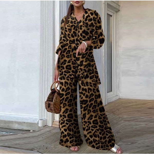 Plus Size Casual Outfit Tvådelad Set, Dam Plus Leopard Print Leopard Print 2XL