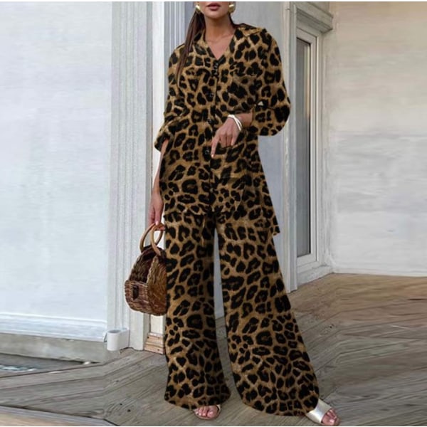 Plus Size Casual Outfit Tvådelad Set, Dam Plus Leopard Print Leopard Print XL