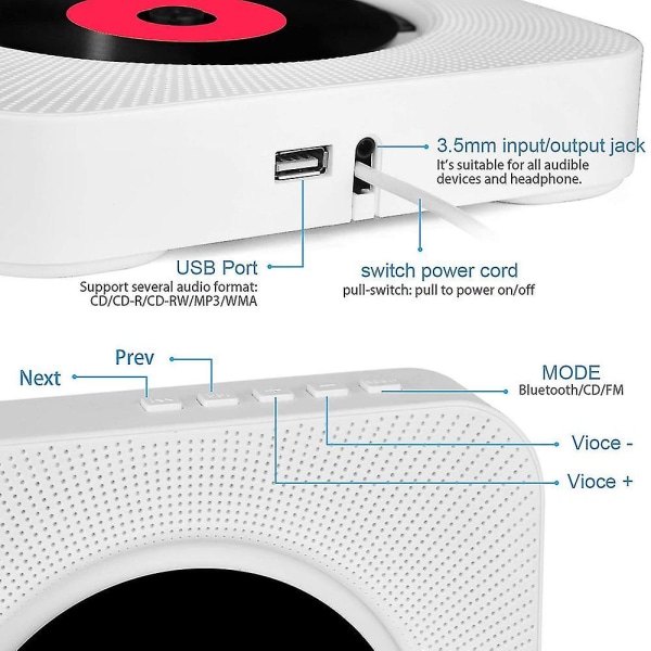 Bärbar Cd-spelare med Bluetooth - Väggmonterbar hemljud med Fm