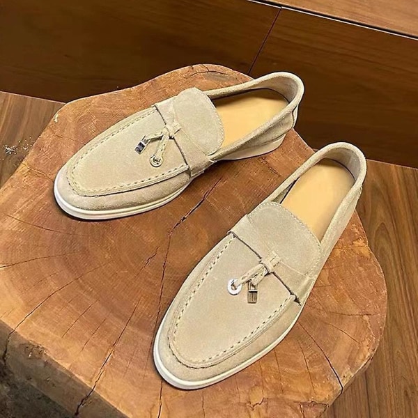 Sommarloafers för kvinnor: Mocka Casual Mokassin Stil med Låsbeanie, Bekväma Mjuka Platta Skor - Plus Storleksalternativ Beige 43