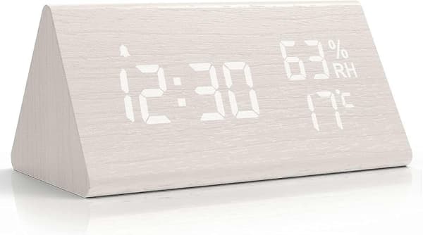 Digital väckarklocka i trä, digital klocka med snooze/datum/temperatur och luftfuktighet - Vit
