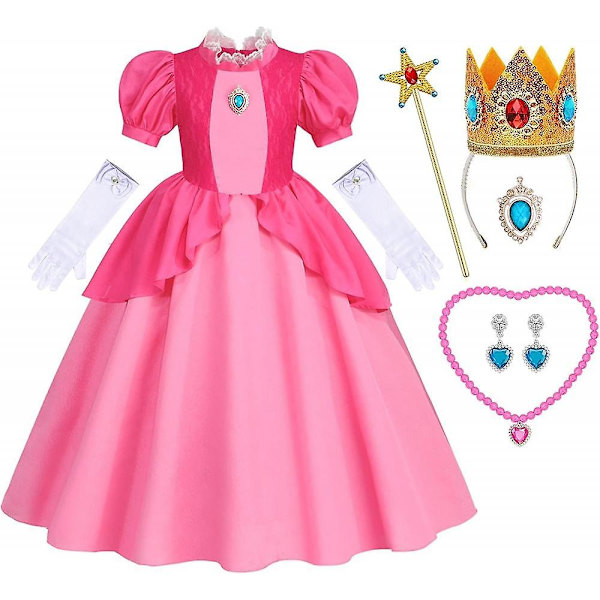 Prinsessan Peach-kostym för flickor - Rosa Halloween-festklänning med tillbehör 4-5 Years