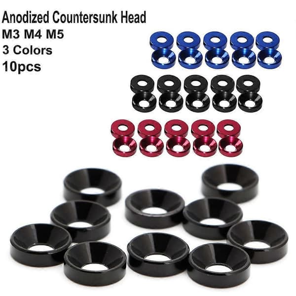 Set med 10 M4 försänkta brickor i svart anodiserad aluminium