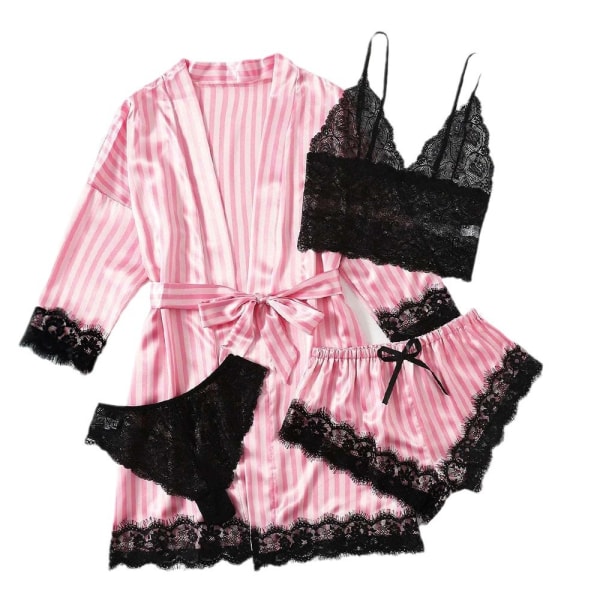 Plus Size Sleepwear Floral Trim Satin Underkläder Pyjamas Set Underkläder Med Robe Spets BH och Trosor Fyra delar Dam Pink L