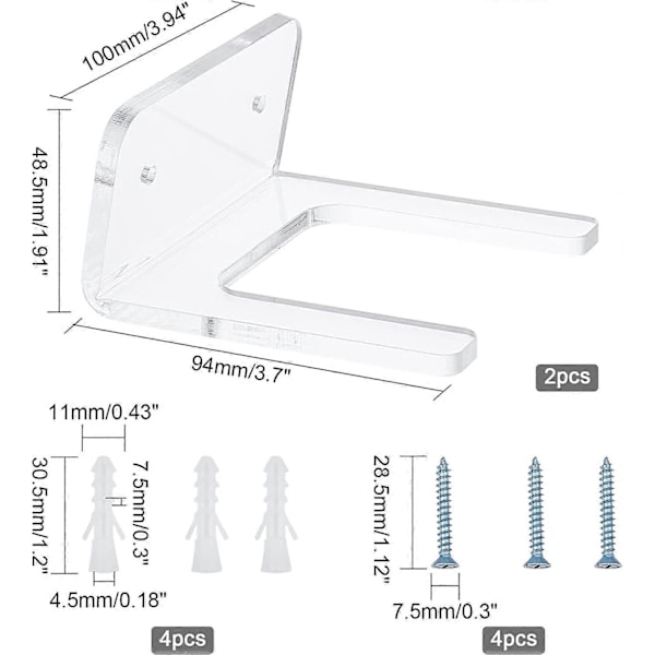 2-pack Akryl Gitarr Väggfäste Set 2st Klar Gitarr Väggfäste med 4st Järnskruvar och Plastpluggar 9.4x10x4.85cm Gitarr Väggkrok Fäste för Gitarr