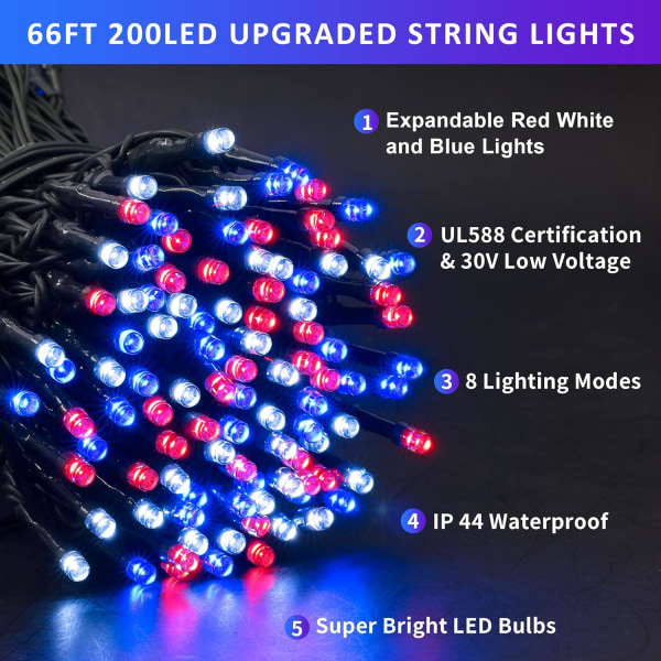 200 LED flerfärgade julbelysning utomhus Vattentät, expanderbar 66f Red White Blue Connectable 200 LED