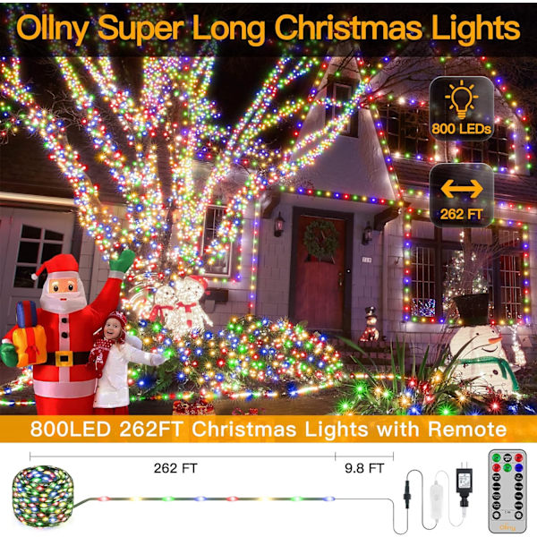 Ollny Christmas Lights 800LED 262FT Plug in, IP67 Waterproof Green Wir Multicolor 800LED