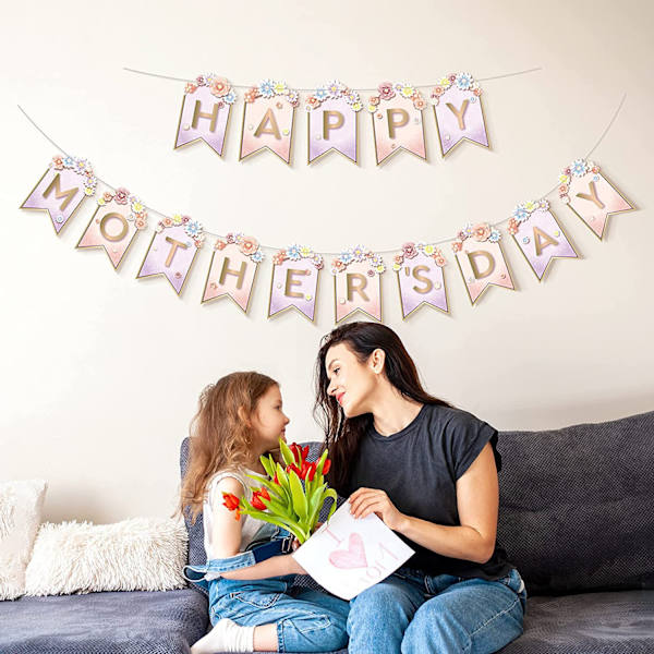 Glad Mors Dag Banner - 1 Set Hängande Bokstäver Design, Slitstark, Iögonfallande med Blommor, Skapa Atmosfär, Rosa Lila