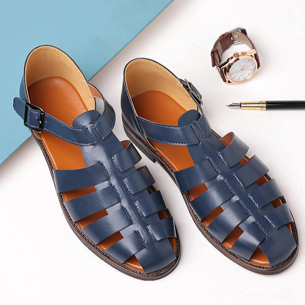 Herrar Sport Sandaler Stängd tå utomhus handgjorda läder fiskmun romerska sandaler blue 44