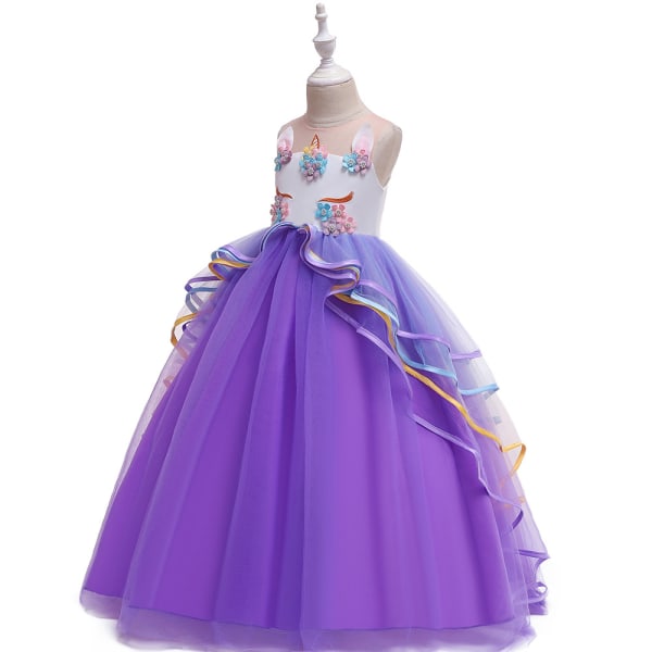 Flickor Rainbow Unicorn Fancy Princess Dress Kids Flower Pageant P lila 130cm
