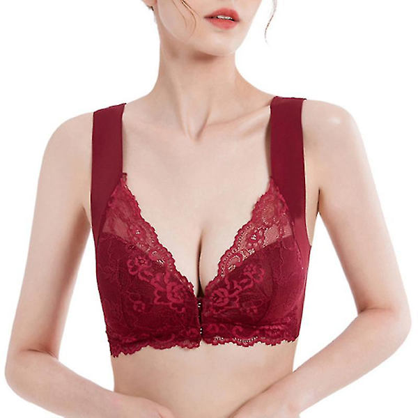 Frontstängning BH med blommig spetslyft Stretch 5d Shaping Seamless Br Wine Red 7XL
