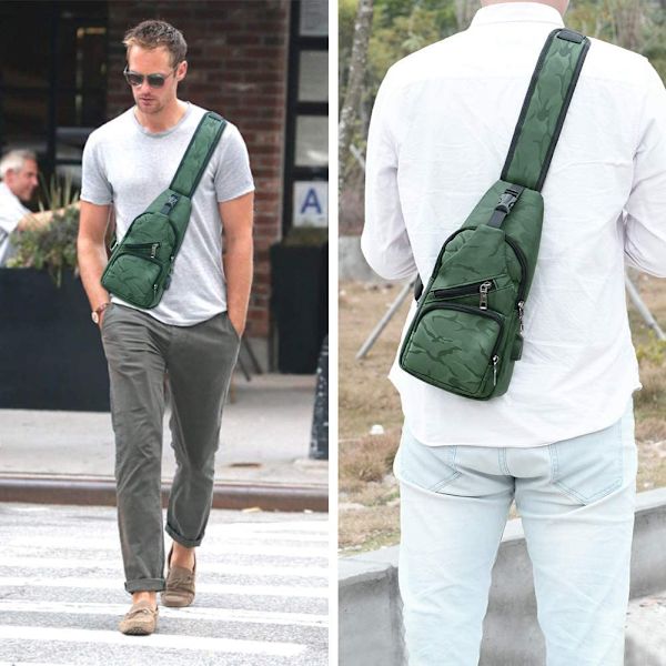 Slingväska, Bröstväska med USB-laddningsport, Lätt för Män och Kvinnor 7 Kamouflage Grön Sling Bag