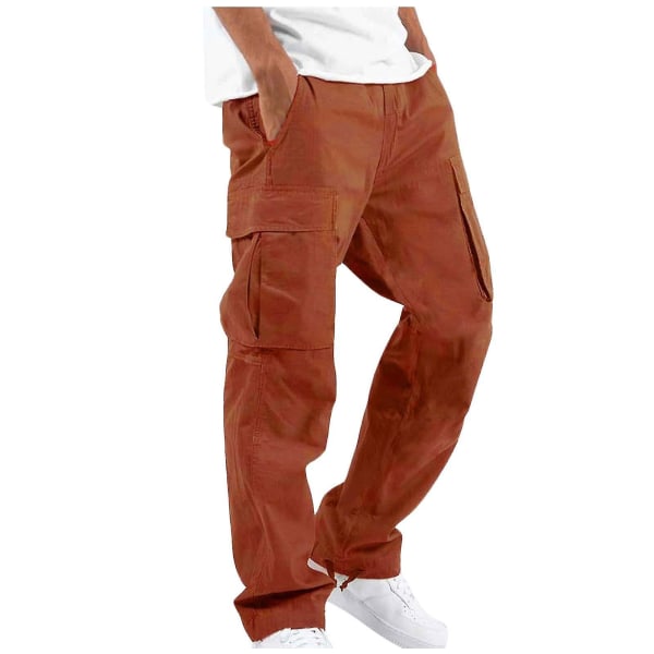 Män Solid Casual Flera fickor utomhus Rak typ Fitness Byxor M Orange