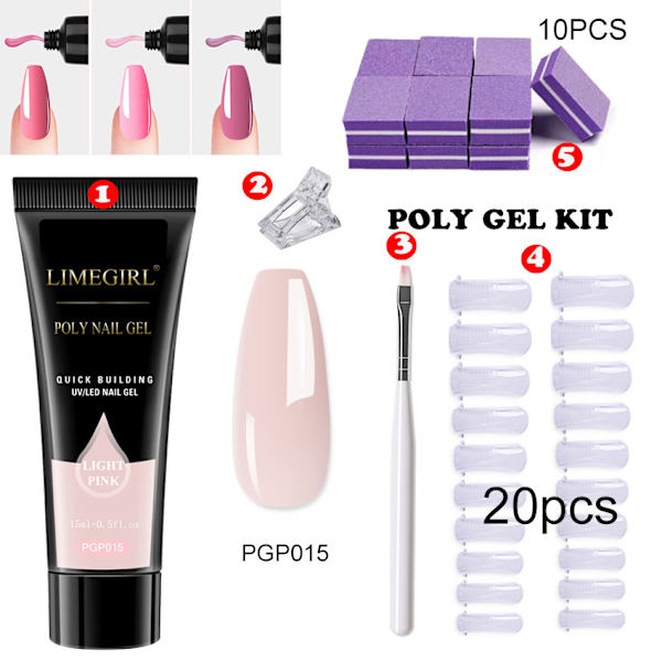 Poly Gel Nagelsats - Gel-förlängningsnagelsats Startpaket PGP015