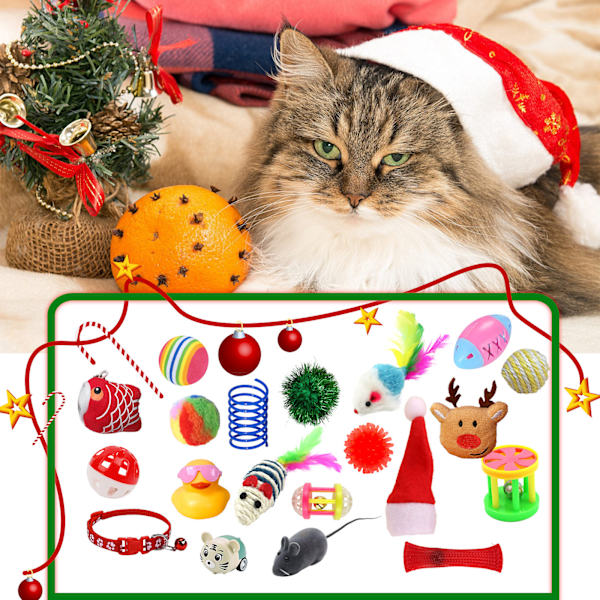 Julkalender för Katter - 24 Fack Blind Box med Kattleksaker, Figurer & Klockor