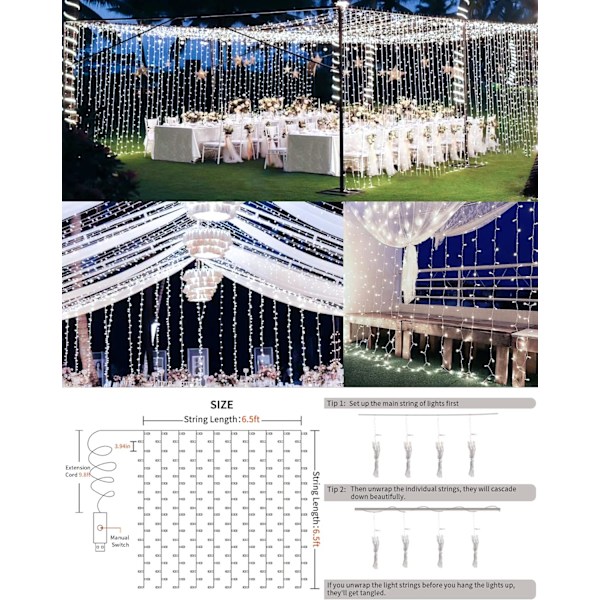 Gardiner med lampor för sovrum, 200 LED-lampor, hängande sträng, utomhus, vattentät White USB-200 LED