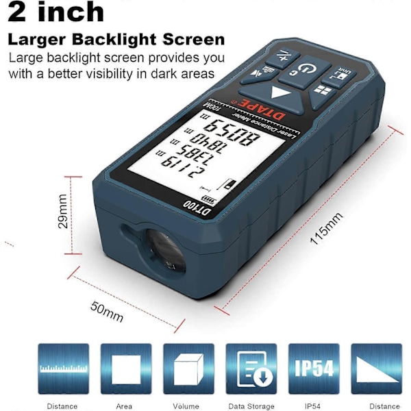 Laseravståndsmätare 100m, DT100 Portabel Digital Laser Mätverktyg Avståndsmätare Större Bakgrundsbelyst LCD 4-radig Display IP54 Stöttålig Batteri Ingår