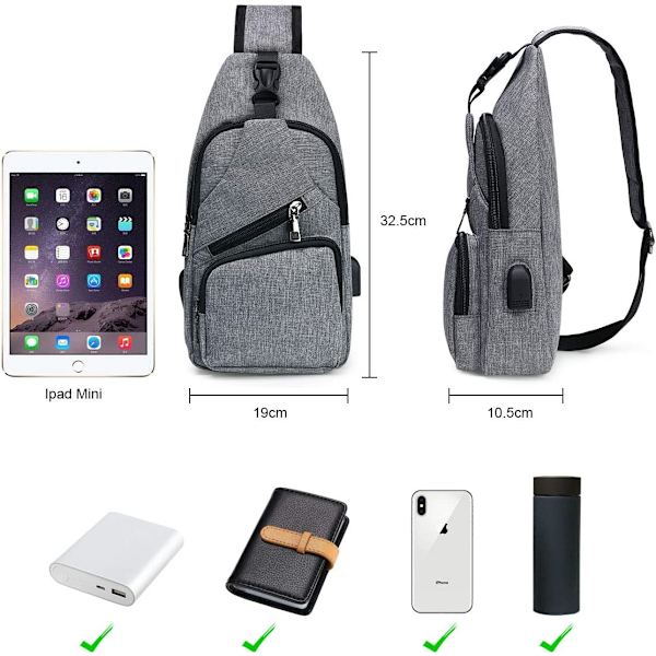 Slingväska, Bröstväska med USB-laddningsport, Lätt för Män och Kvinnor 2 Grå Sling Bag